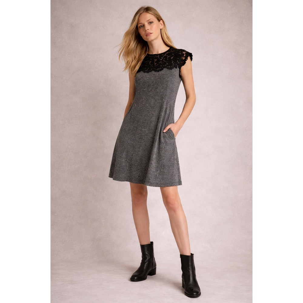 Sea New York Sz Sm Knit Dress Lace Cap Sleeve A Line Pockets 100% Cotton Office